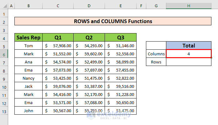 Apply the ROWS and COLUMNS Formula to Calculate Total Row and Column in Excel
