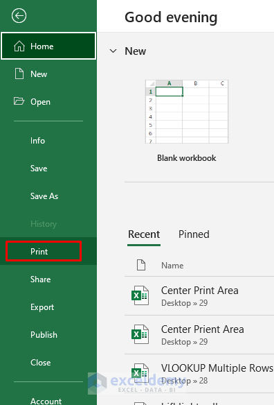 Insert File menu to Center Print Area in Excel