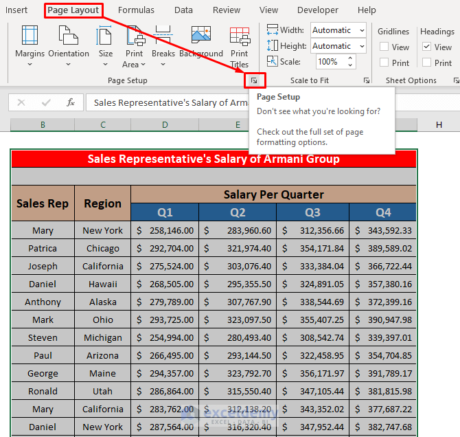 Use the Page Layout Command to Center Print Area in Excel