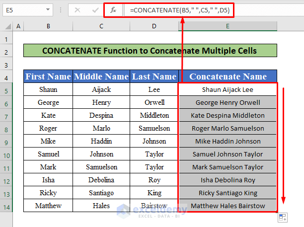 Use the CONCATENATE Function to Concatenate Multiple Cells With Space in Excel