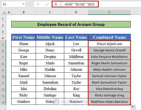 Apply the Ampersand(&) Symbol to Concatenate Multiple Cells With Space in Excel