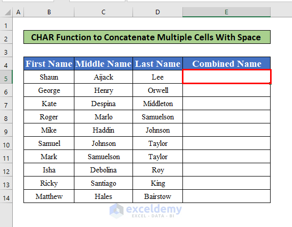 Insert the CHAR Function to Concatenate Multiple Cells With Space in Excel