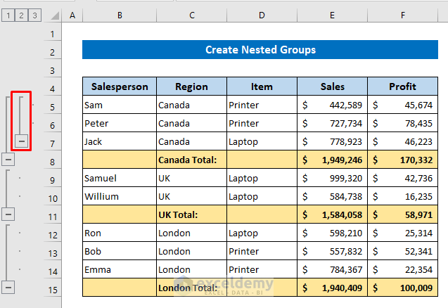 Create Nested Groups in Excel with Expand Or Collapse