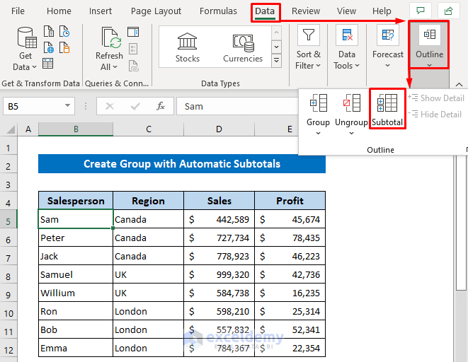 Create Group with Automatic Subtotals in Excel