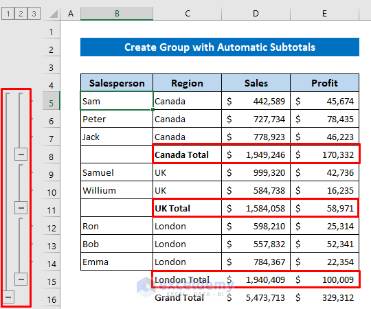 Create Group with Automatic Subtotals in Excel