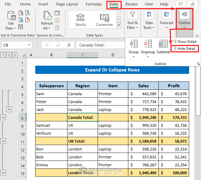 Expand Or Collapse Rows in Excel
