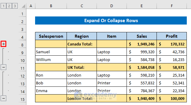 Expand Or Collapse Rows in Excel