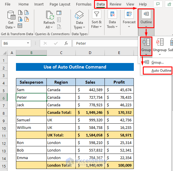 Use Auto Outline Command to Group Rows in Excel with Expand Or Collapse