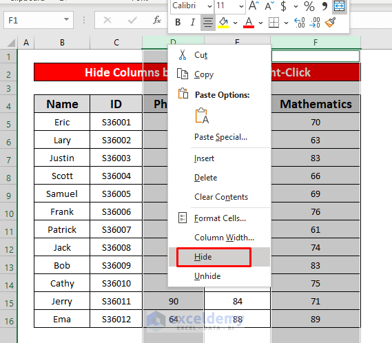 Use the Mouse to Hide Rows and Columns in Excel
