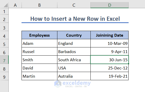 Insert a New Row in Excel