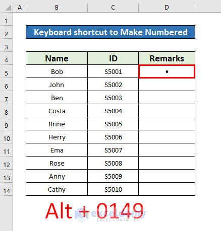 Apply the Keyboard Shortcut to Make a Numbered List in Excel