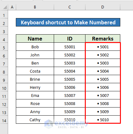 Apply the Keyboard Shortcut to Make a Numbered List in Excel