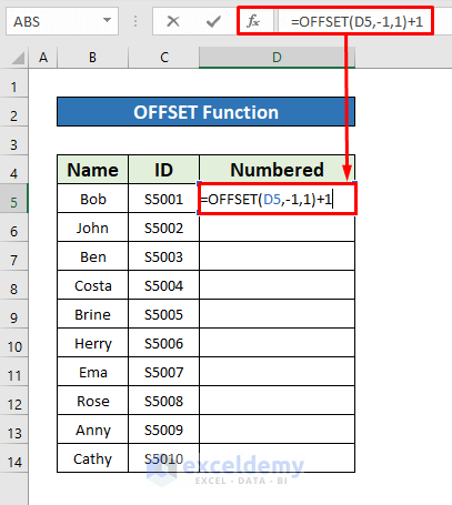Insert the OFFSET Function to Make a Numbered List in Excel