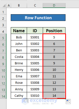 Use of the ROW Function to Make a Numbered List in Excel