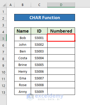 Apply the CHAR Function to Make a Numbered List in Excel