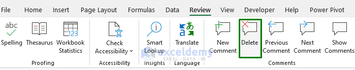 Excel ‘Review’ Tab to Delete Comments