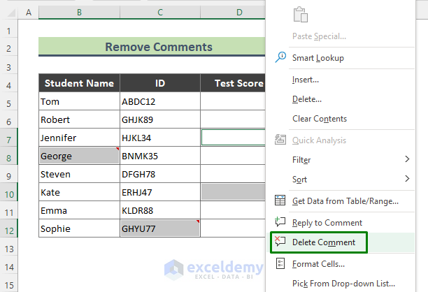 Delete Comment by Simply Right-Clicking in Excel Cell