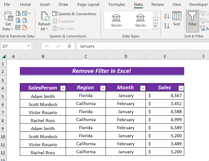 Removing Filters in Excel