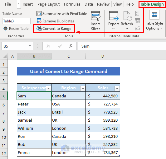 Convert to Range Command to Remove Table Functionality