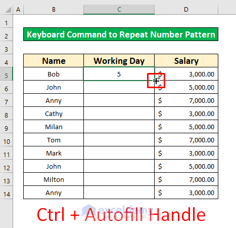 Use the Keyboard Command to Repeat Number Pattern in Excel