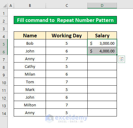 Perform the Fill command to Repeat Number Pattern in Excel