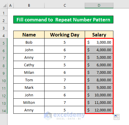 Perform the Fill command to Repeat Number Pattern in Excel