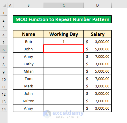 Insert the MOD Function to Repeat Number Pattern in Excel