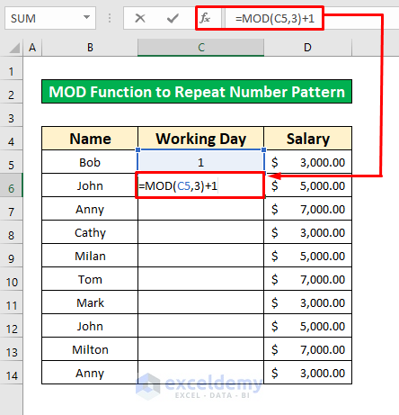 Insert the MOD Function to Repeat Number Pattern in Excel