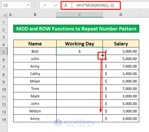 Use the MOD and ROW Functions to Repeat Number Pattern in Excel