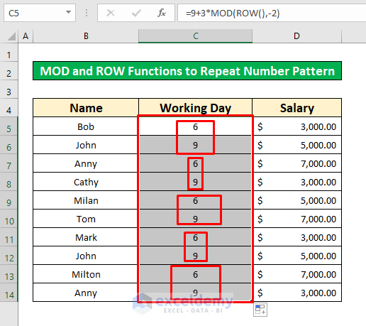 Use the MOD and ROW Functions to Repeat Number Pattern in Excel