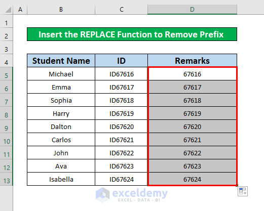 Insert the REPLACE Function to Remove Prefix in Excel