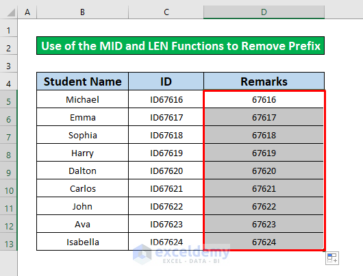 Use of the MID and LEN Functions to Remove Prefix in Excel