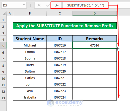 Apply the SUBSTITUTE Function to Remove Prefix in Excel