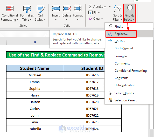 Use of the Find & Replace Command to Remove Prefix in Excel