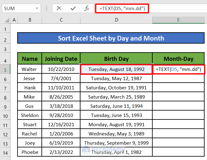 Sort Birthdays in Excel Worksheet
