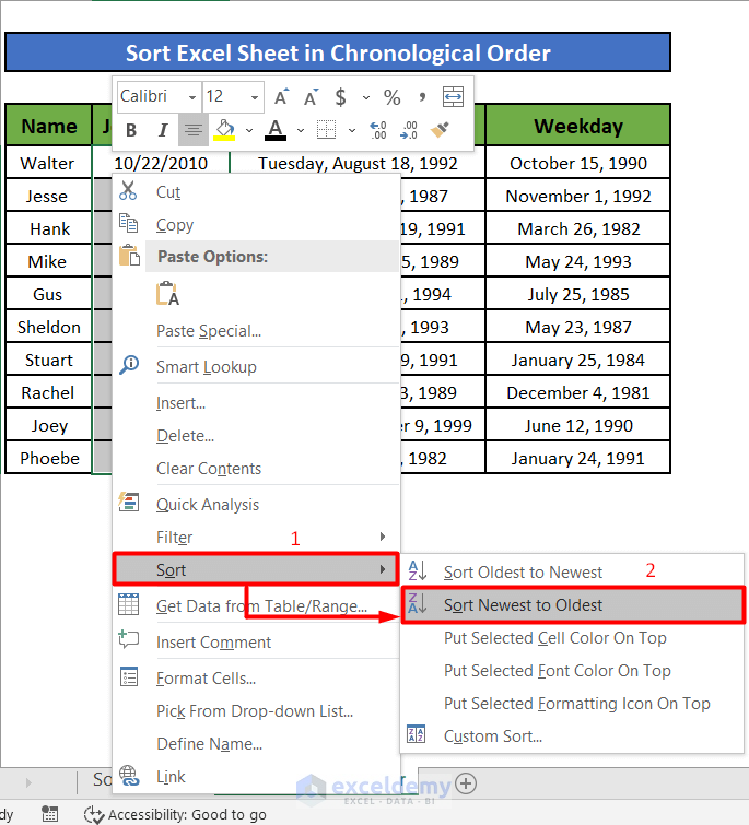 select a cell on the Joining Date column and right-click on it