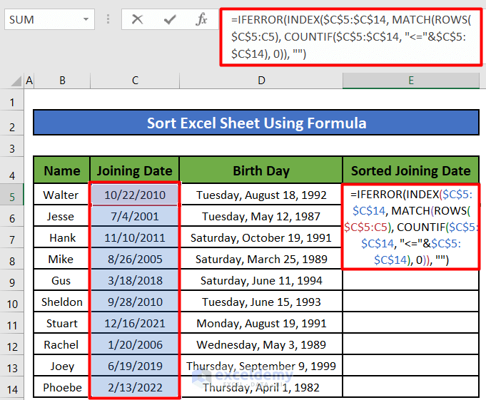 Sort Excel Worksheet Using Formula 