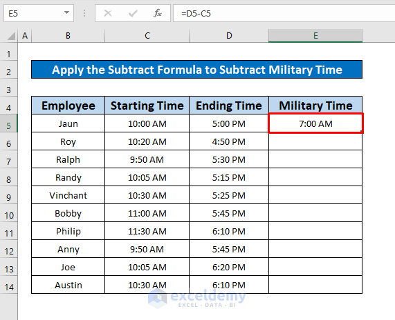 Apply Subtraction to Subtract Military Time in Excel