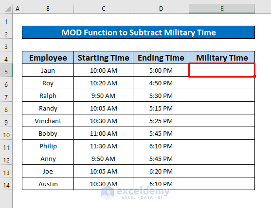 Use the MOD Function to Subtract Military Time in Excel