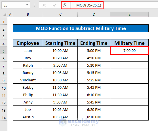Use the MOD Function to Subtract Military Time in Excel