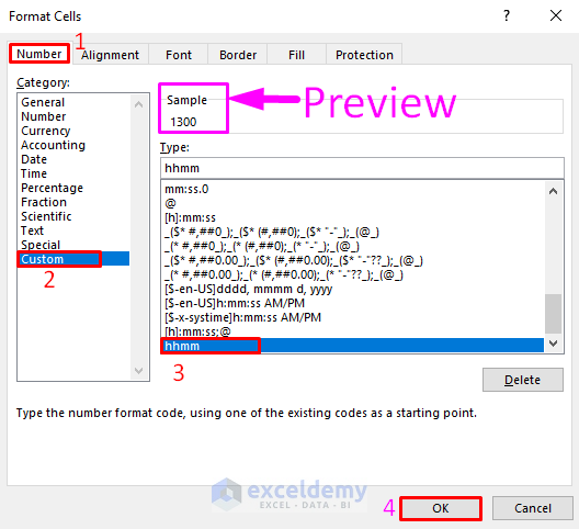 Perform the Custom Format Command to Subtract Military Time in Excel