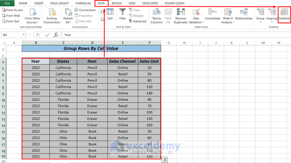 group rows by cell value data tab