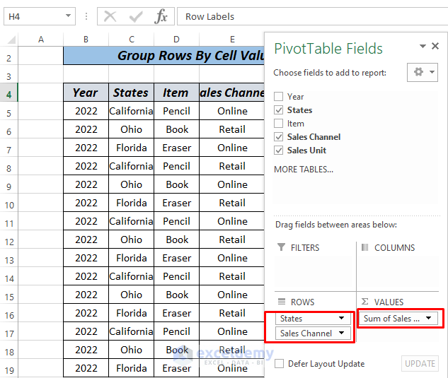 group rows by cell value pivot table