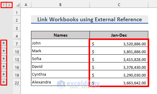 two workbooks linked using the consolidate tool