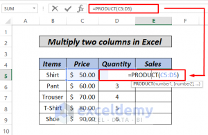 how to multiply columns by product function