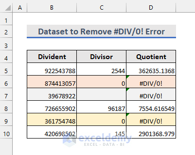 dataset to remove #div/0! error in excel