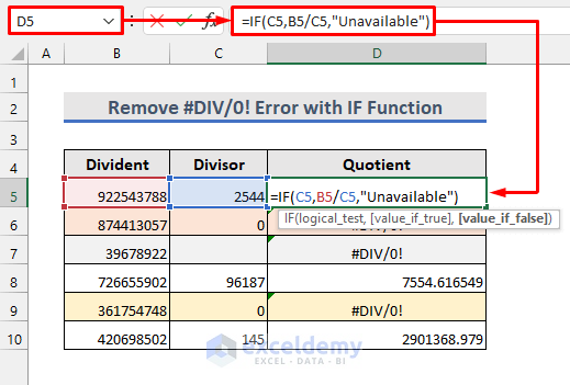 application of if function to remove #div/0! error in excel