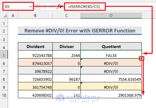 application of iserror function to remove #div/0! error in excel