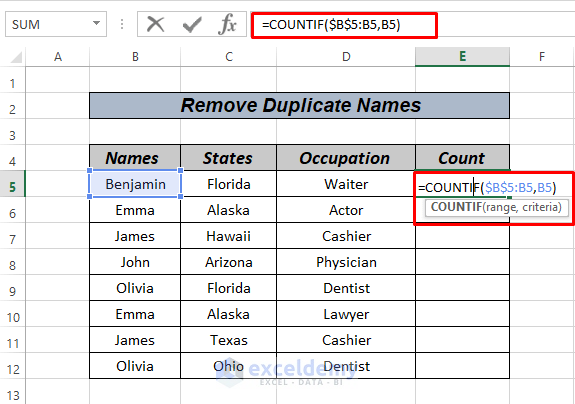 remove duplicate names by formula