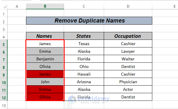 removing duplicte names by conditional formatting